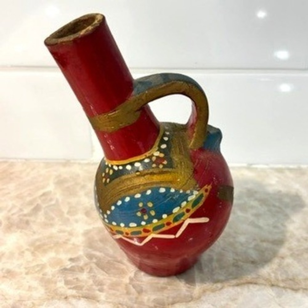 Vintage Mexican Folk Art Red Clay Pitcher Jug Hand Painted Tonala MCM 7"